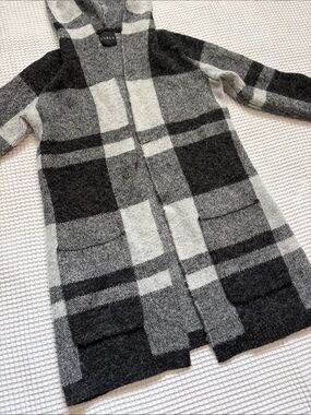 Cyrus Black & Gray Plaid Hooded Knit Cape Coat